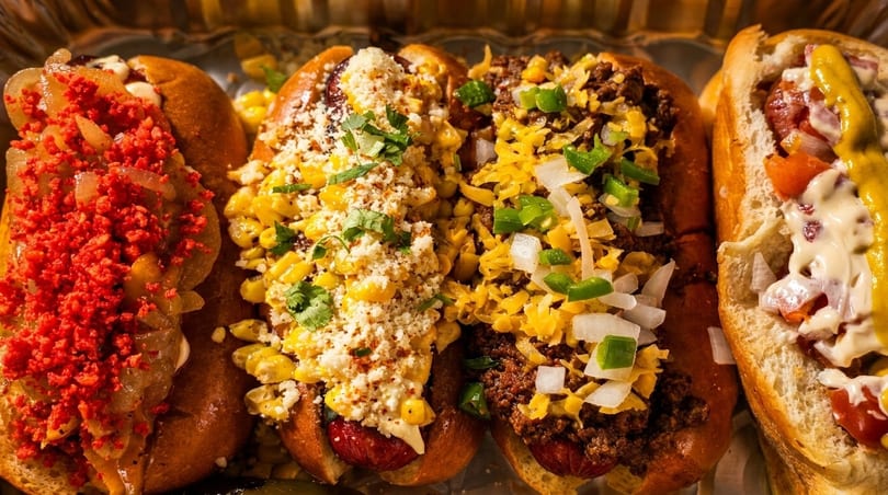 Four gourmet hot dogs with diverse toppings, including chili, cheese, corn, and spicy red crumbs.
